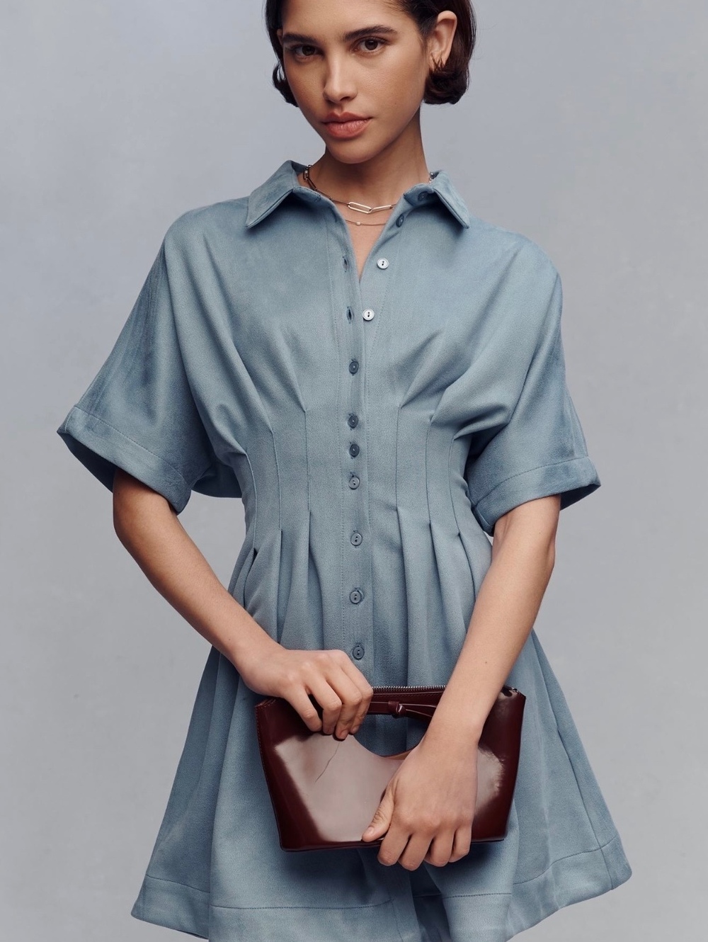 Exquise Tobie Faux Suede Mini Shirtdress Light Blue Size Medium